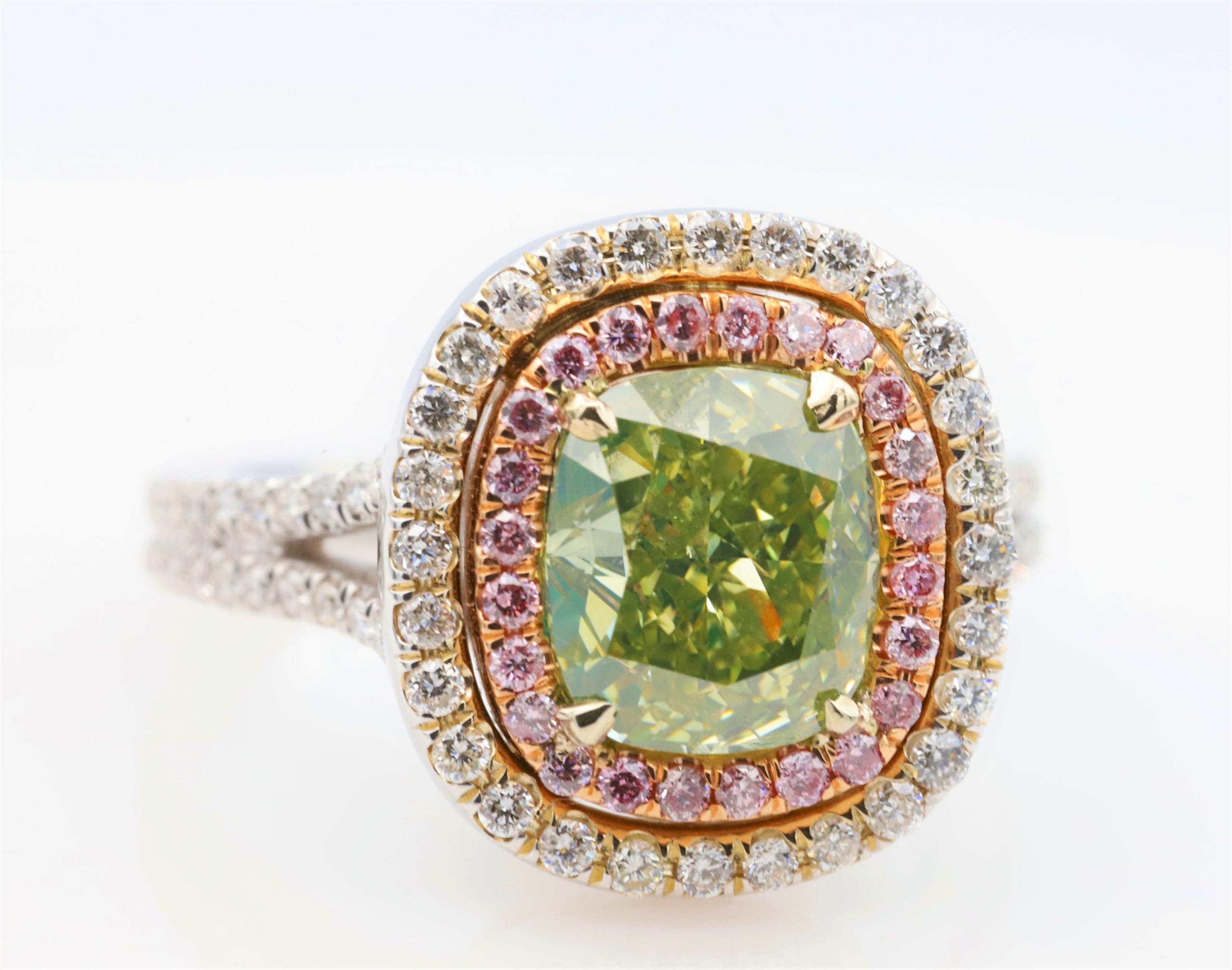 Real GIA 2.72ct Natural Fancy Green & Pink Diamonds Engagement Ring 18K Cushion - Image 5