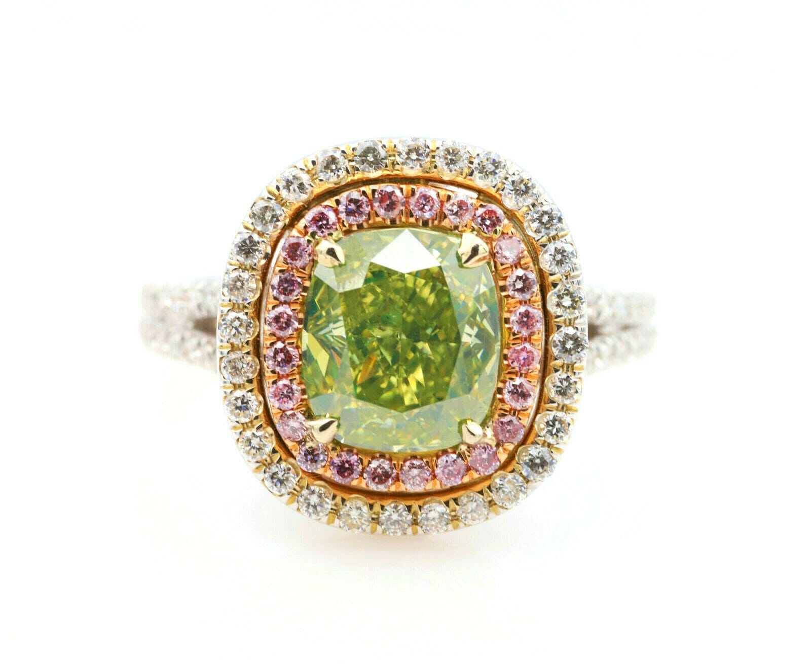 Real GIA 2.72ct Natural Fancy Green & Pink Diamonds Engagement Ring 18K Cushion